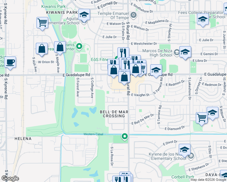 map of restaurants, bars, coffee shops, grocery stores, and more near 723 East Vaughn Drive in Tempe