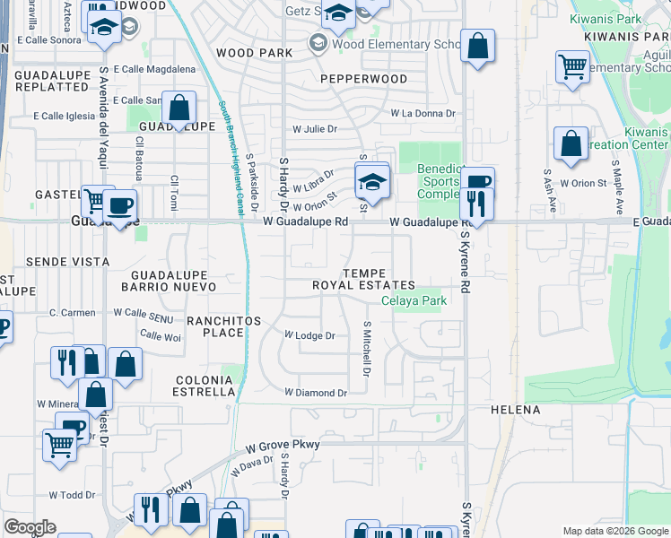 map of restaurants, bars, coffee shops, grocery stores, and more near 6529 South Marilyn Ann Drive in Tempe