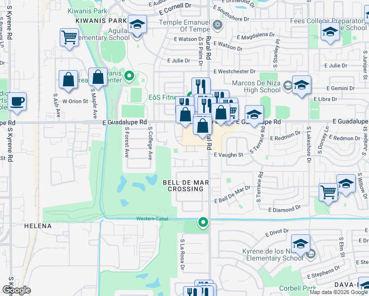 map of restaurants, bars, coffee shops, grocery stores, and more near 723 East Vaughn Drive in Tempe