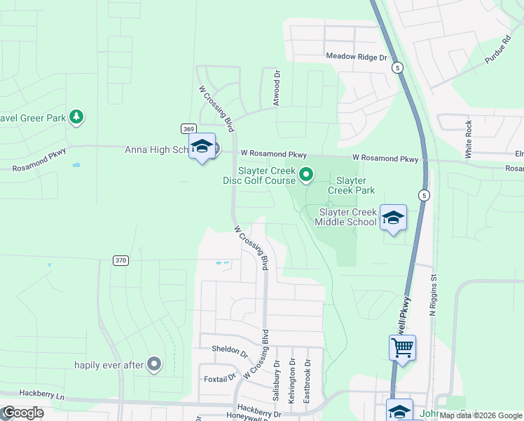 map of restaurants, bars, coffee shops, grocery stores, and more near West Crossing Boulevard in Anna