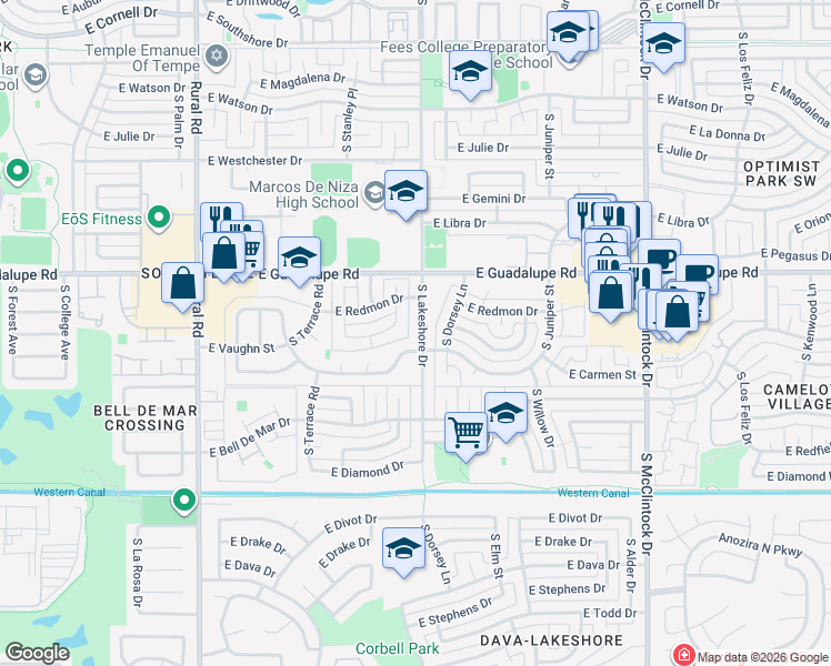 map of restaurants, bars, coffee shops, grocery stores, and more near 6621 South Lakeshore Drive in Tempe