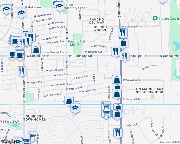 map of restaurants, bars, coffee shops, grocery stores, and more near 626 West Pecos Avenue in Mesa
