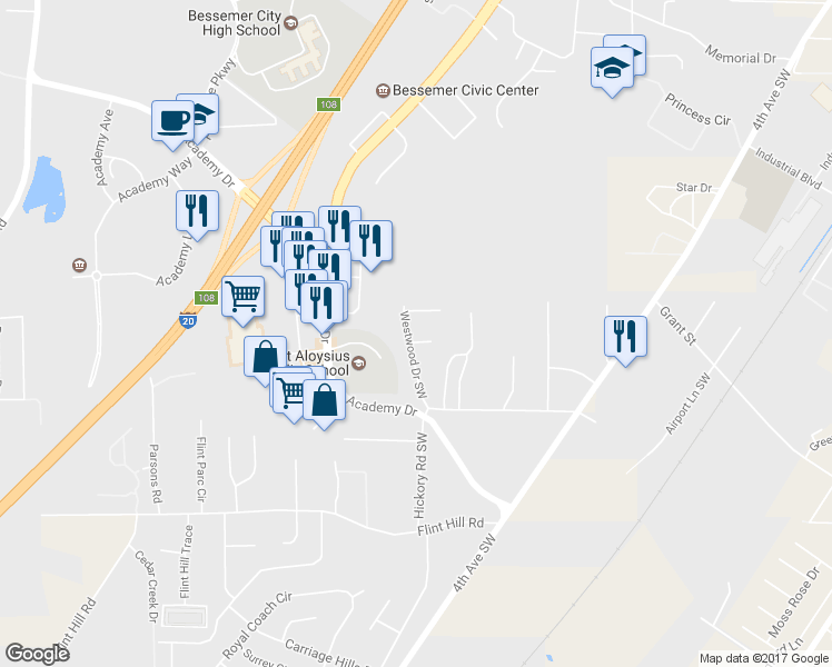 map of restaurants, bars, coffee shops, grocery stores, and more near 305 Westwood Drive Southwest in Bessemer