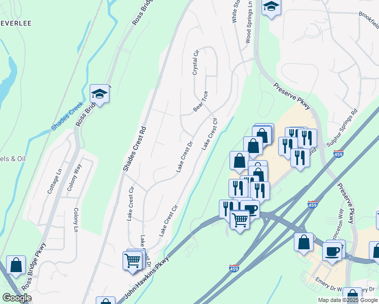 map of restaurants, bars, coffee shops, grocery stores, and more near 717 Lake Crest Drive in Hoover