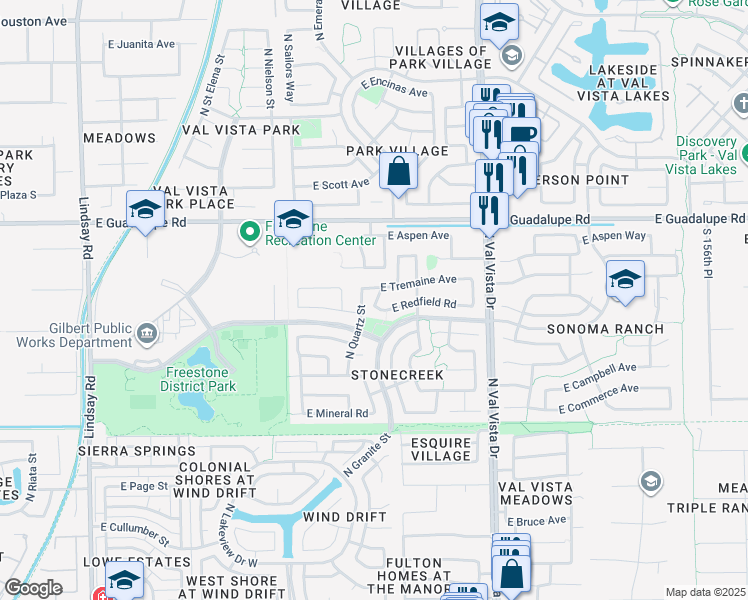 map of restaurants, bars, coffee shops, grocery stores, and more near 639 North Cobblestone Street in Gilbert