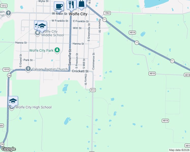 map of restaurants, bars, coffee shops, grocery stores, and more near 10719 Farm to Market Road 512 in Wolfe City
