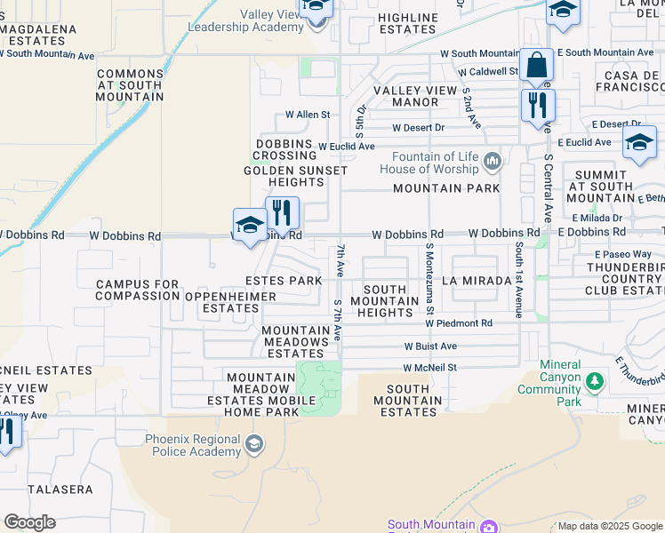 map of restaurants, bars, coffee shops, grocery stores, and more near 9245 South 7th Avenue in Phoenix