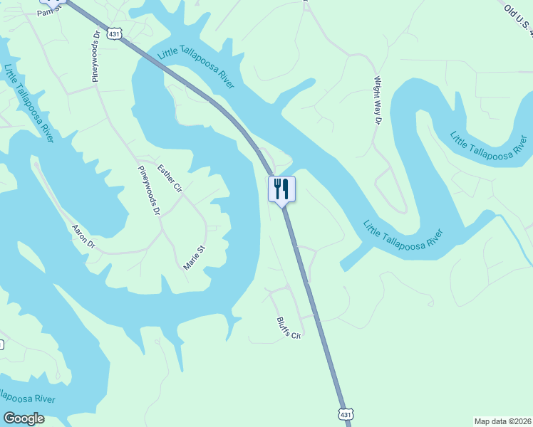 map of restaurants, bars, coffee shops, grocery stores, and more near 195 Laurel Drive in Wedowee