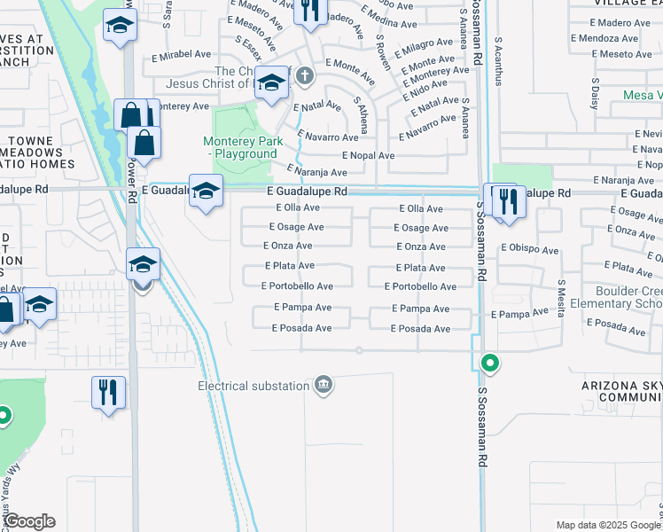 map of restaurants, bars, coffee shops, grocery stores, and more near 7239 East Plata Avenue in Mesa