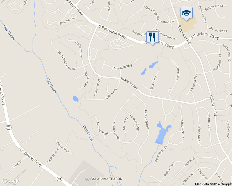 map of restaurants, bars, coffee shops, grocery stores, and more near 213 Calgary Drive in Peachtree City