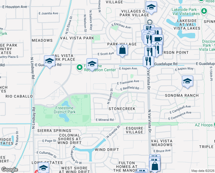 map of restaurants, bars, coffee shops, grocery stores, and more near 633 North Marble Street in Gilbert
