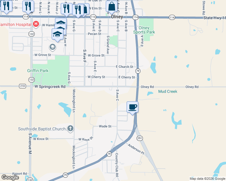 map of restaurants, bars, coffee shops, grocery stores, and more near 104 East Springcreek Road in Olney