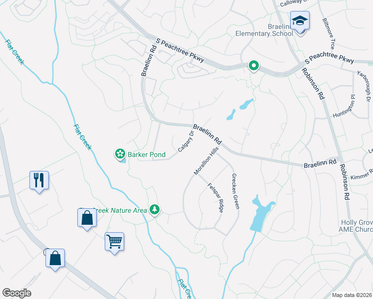 map of restaurants, bars, coffee shops, grocery stores, and more near 213 Calgary Drive in Peachtree City