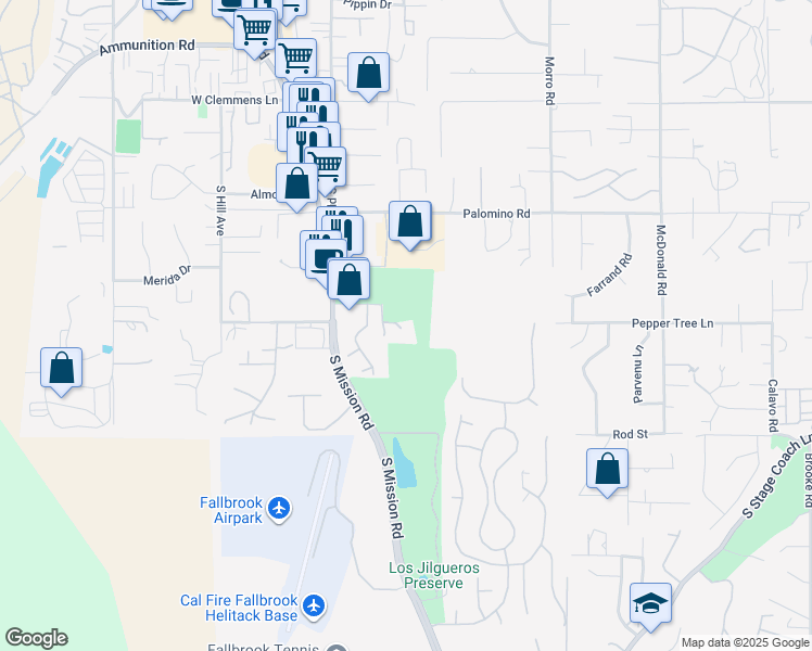 map of restaurants, bars, coffee shops, grocery stores, and more near 1654 South Mission Road in Fallbrook