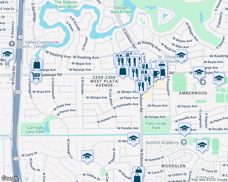 map of restaurants, bars, coffee shops, grocery stores, and more near 2153 West Obispo Avenue in Mesa