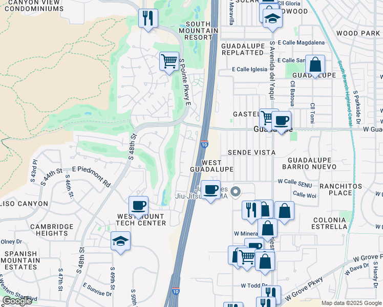 map of restaurants, bars, coffee shops, grocery stores, and more near 5151 East Guadalupe Road in Phoenix