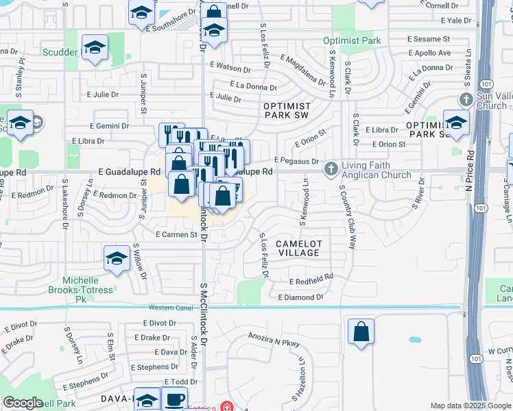 map of restaurants, bars, coffee shops, grocery stores, and more near 1885 East Vaughn Street in Tempe