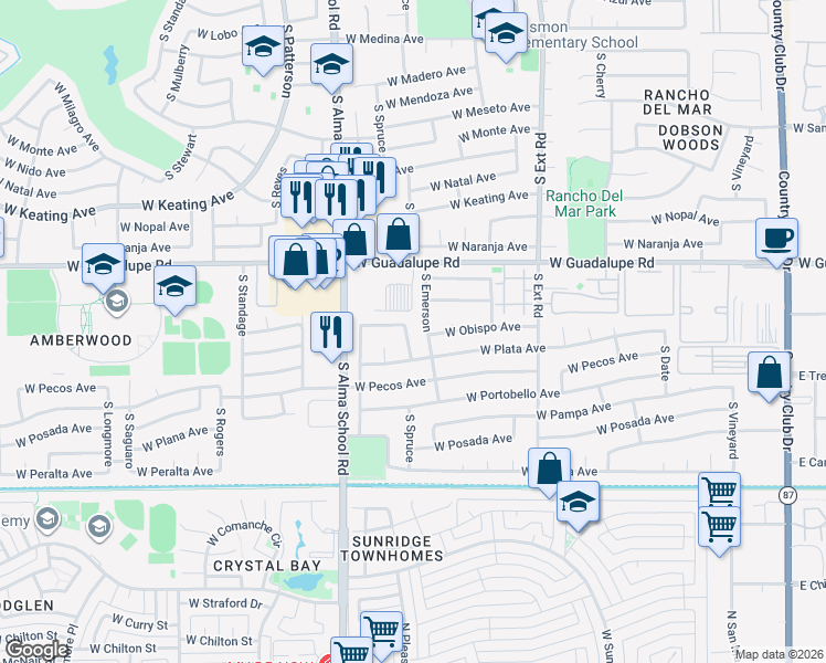map of restaurants, bars, coffee shops, grocery stores, and more near 2927 South Spruce in Mesa
