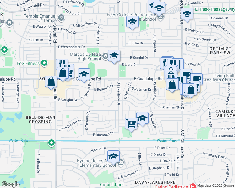 map of restaurants, bars, coffee shops, grocery stores, and more near 6621 South Lakeshore Drive in Tempe