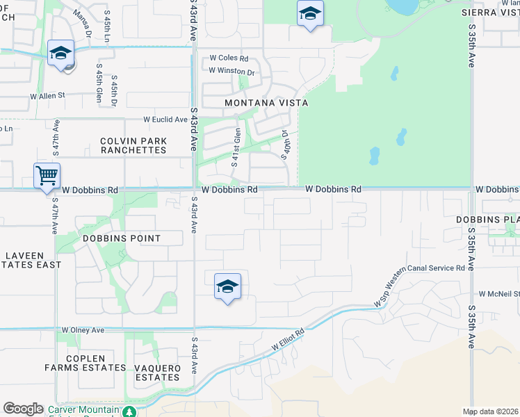 map of restaurants, bars, coffee shops, grocery stores, and more near 9314 South 40th Drive in Phoenix