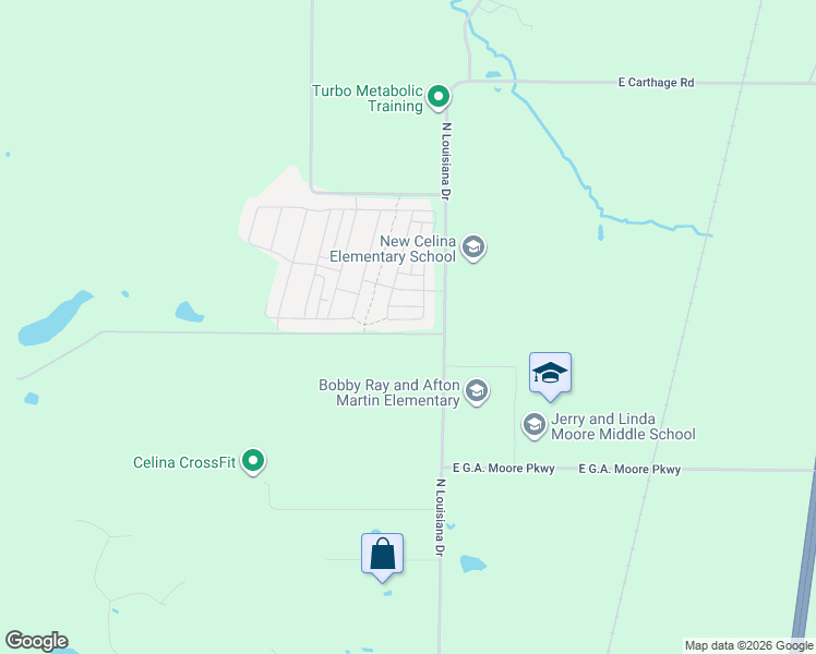 map of restaurants, bars, coffee shops, grocery stores, and more near 112 Tornillo Drive in Celina