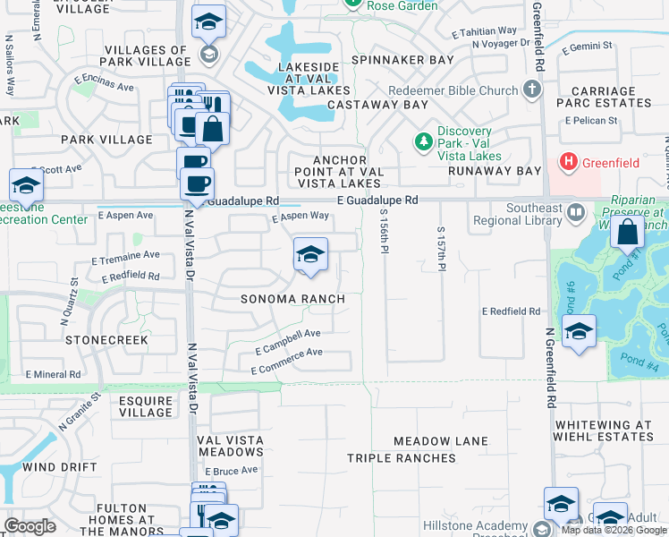 map of restaurants, bars, coffee shops, grocery stores, and more near 601 North Key Biscayne Drive in Gilbert