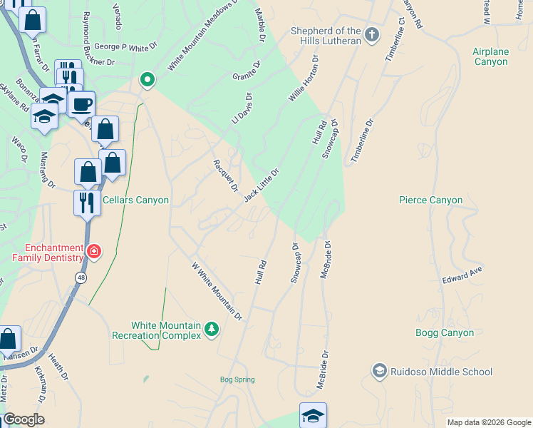 map of restaurants, bars, coffee shops, grocery stores, and more near 110 Jack Little Drive in Ruidoso
