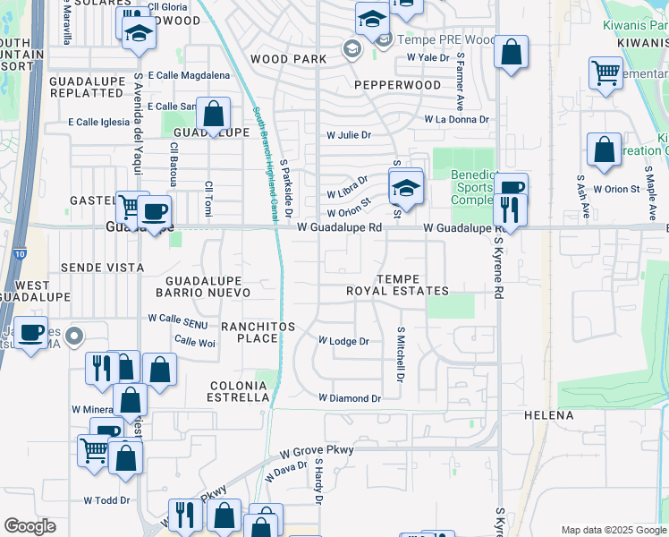 map of restaurants, bars, coffee shops, grocery stores, and more near 6507 South Hardy Drive in Tempe