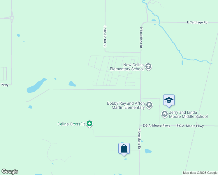 map of restaurants, bars, coffee shops, grocery stores, and more near 3170 North Louisiana Drive in Celina
