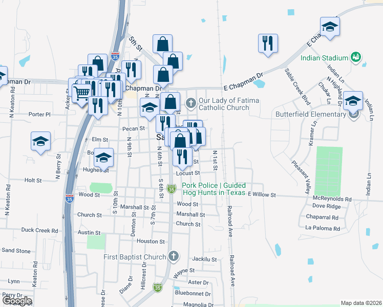 map of restaurants, bars, coffee shops, grocery stores, and more near 113 North 2nd Street in Sanger
