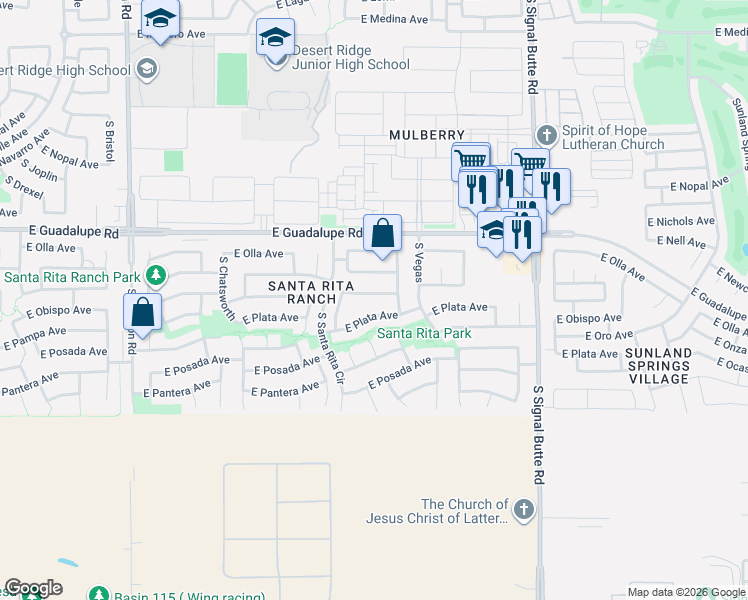 map of restaurants, bars, coffee shops, grocery stores, and more near 10513 East Plata Avenue in Mesa
