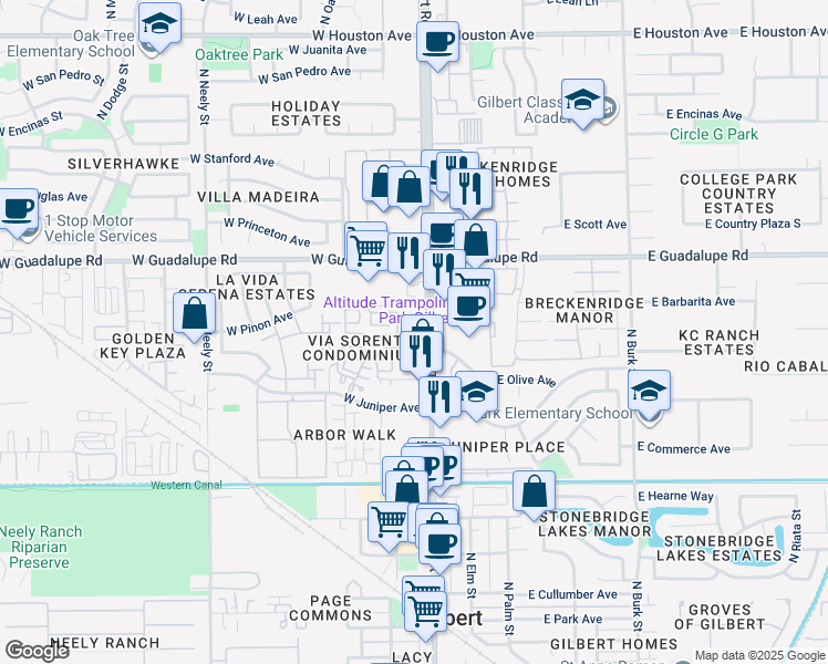 map of restaurants, bars, coffee shops, grocery stores, and more near 636 North Gilbert Road in Gilbert