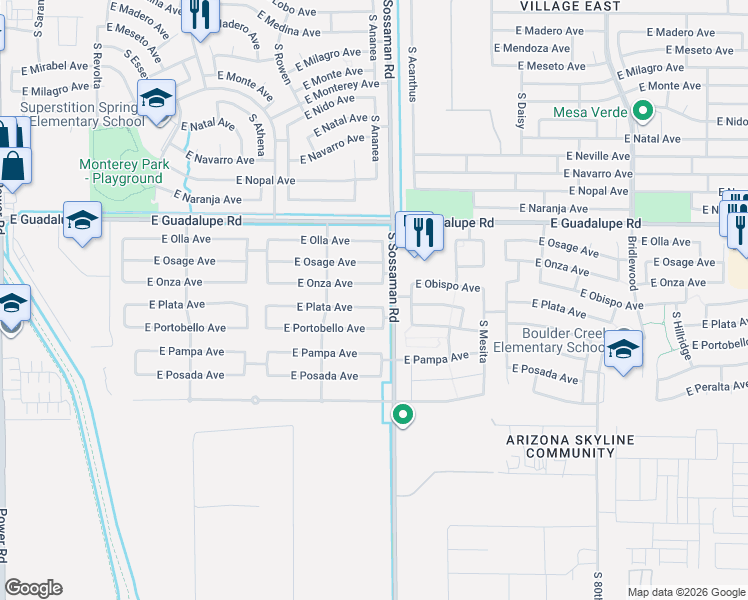 map of restaurants, bars, coffee shops, grocery stores, and more near 7537 East Plata Avenue in Mesa