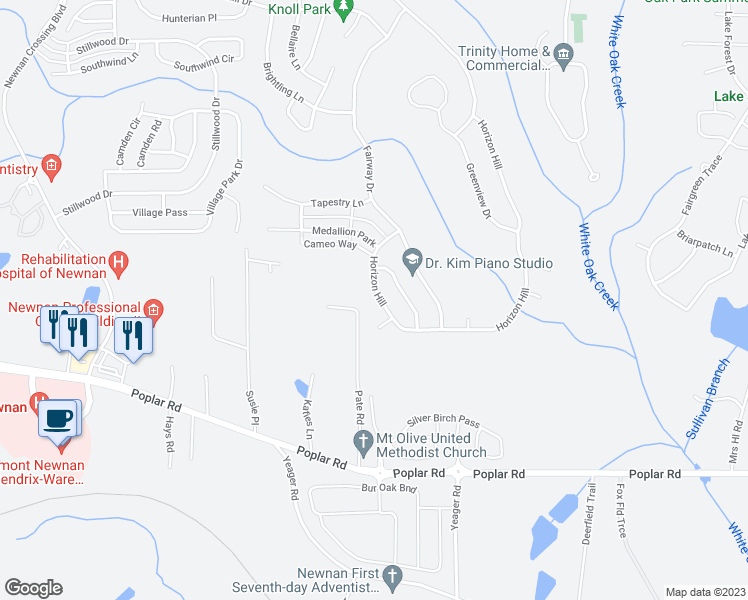 map of restaurants, bars, coffee shops, grocery stores, and more near 57 Horizon Hill in Newnan