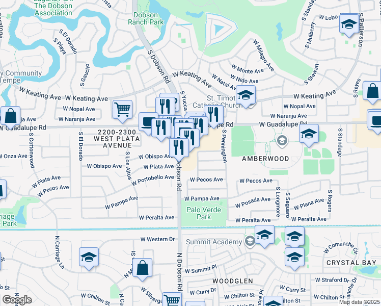 map of restaurants, bars, coffee shops, grocery stores, and more near 2935 South Dobson Road in Mesa