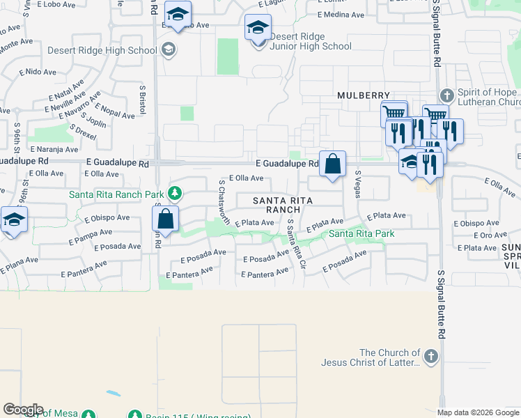 map of restaurants, bars, coffee shops, grocery stores, and more near 10304 East Plata Avenue in Mesa