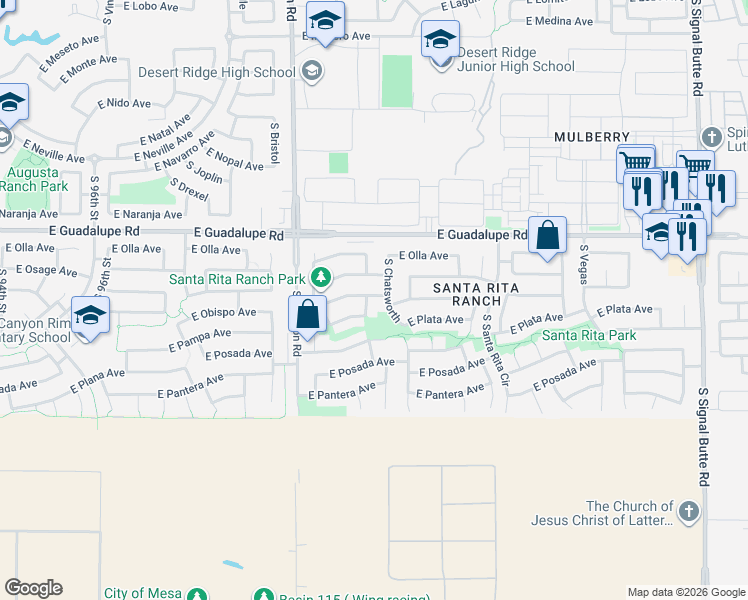 map of restaurants, bars, coffee shops, grocery stores, and more near 2938 South Chatsworth in Mesa