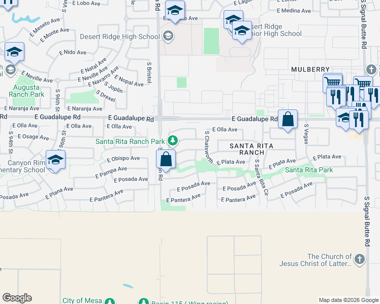 map of restaurants, bars, coffee shops, grocery stores, and more near 10101 East Plata Avenue in Mesa