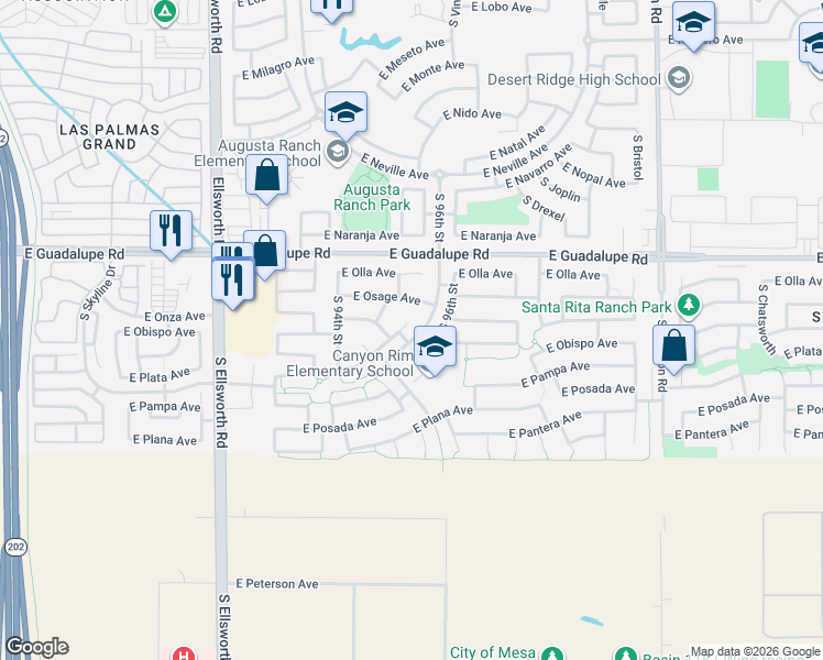 map of restaurants, bars, coffee shops, grocery stores, and more near 9515 East Plata Avenue in Mesa
