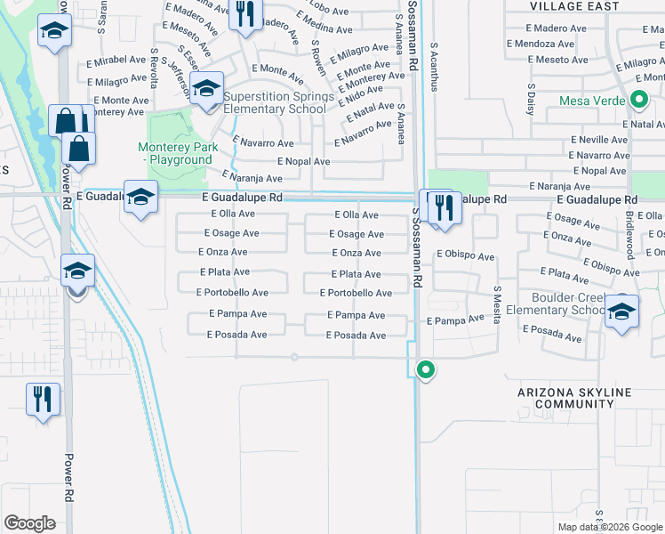 map of restaurants, bars, coffee shops, grocery stores, and more near 7409 East Plata Avenue in Mesa