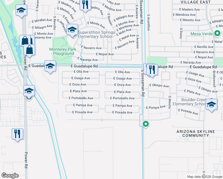 map of restaurants, bars, coffee shops, grocery stores, and more near 7409 East Plata Avenue in Mesa