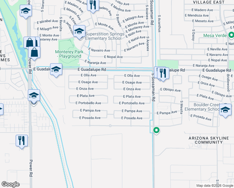 map of restaurants, bars, coffee shops, grocery stores, and more near 7414 East Portobello Avenue in Mesa