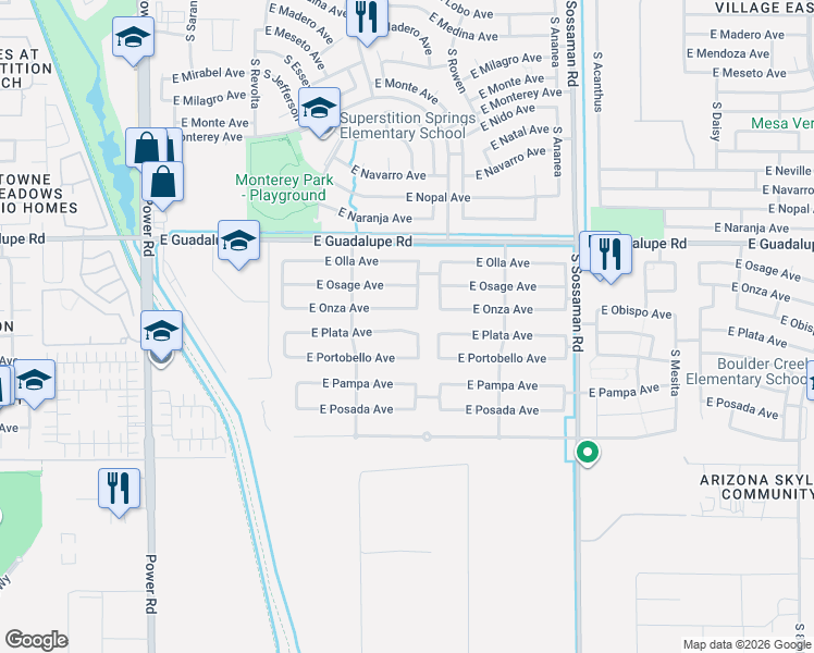 map of restaurants, bars, coffee shops, grocery stores, and more near 7239 East Plata Avenue in Mesa