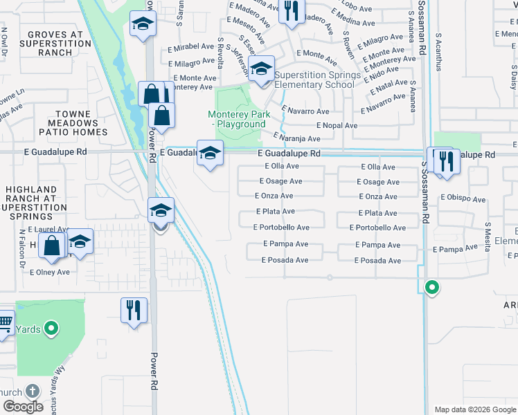 map of restaurants, bars, coffee shops, grocery stores, and more near 7117 East Plata Avenue in Mesa