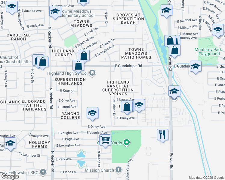 map of restaurants, bars, coffee shops, grocery stores, and more near 598 North Falcon Drive in Gilbert
