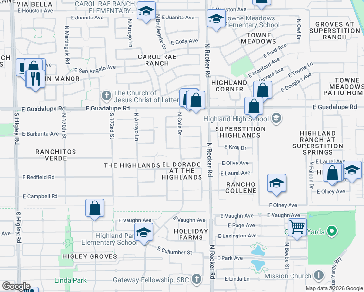 map of restaurants, bars, coffee shops, grocery stores, and more near 3920 East Tremaine Avenue in Gilbert