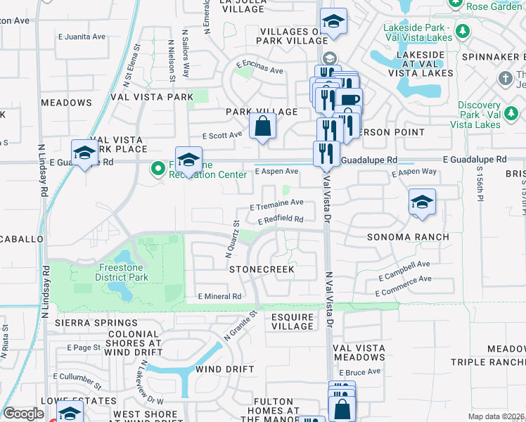 map of restaurants, bars, coffee shops, grocery stores, and more near 639 North Cobblestone Street in Gilbert