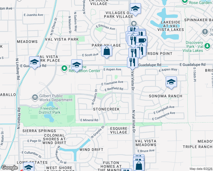 map of restaurants, bars, coffee shops, grocery stores, and more near 639 North Cobblestone Street in Gilbert