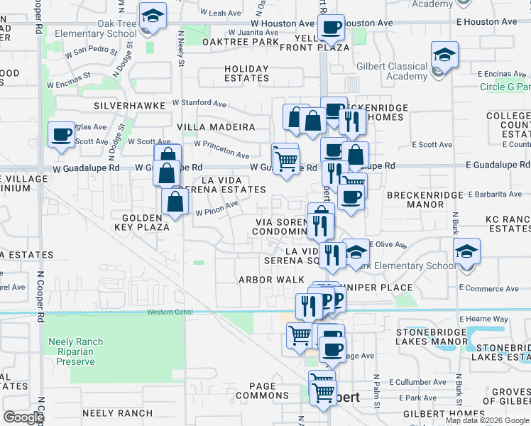 map of restaurants, bars, coffee shops, grocery stores, and more near 77 Juniper Avenue in Gilbert