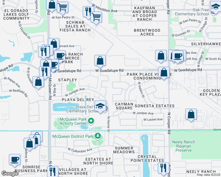 map of restaurants, bars, coffee shops, grocery stores, and more near 647 North Horne Street in Gilbert
